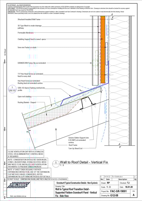 Navigate to G12-08 - Wall to Typical Roof Transition Detail - Supported Fielders Grandeur® Panel - Vertical Fix - Side View