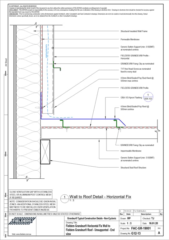 Navigate to G12-13 - Fielders Grandeur® Horizontal Fix Wall to Fielders Grandeur® Roof - Unsupported - End view