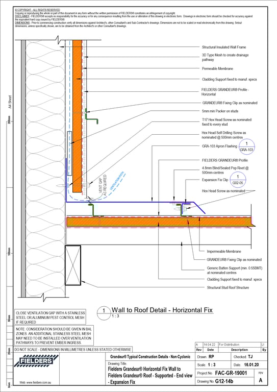 Navigate to G12-14b - Fielders Grandeur® Horizontal Fix Wall to Fielders Grandeur® Roof - Supported - End view - Expansion Fix
