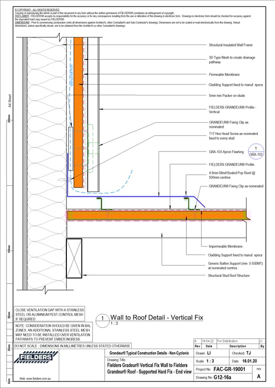 Navigate to G12-16a - Fielders Gradeur® Vertical Fix Wall to Fielders Grandeur® Roof - Supported Hard Fix - End view
