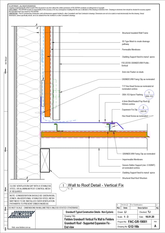 Navigate to G12-16b - Fielders Grandeur® Vertical Fix Wall to Fielders Grandeur® Roof - Supported Expansion Fix - End view