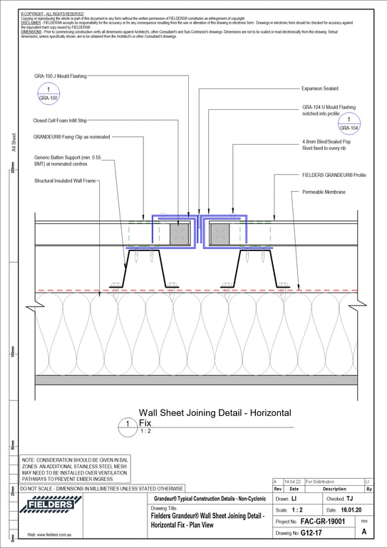 Navigate to G12-17 - Fielders Grandeur® Wall Sheet Joining Detail - Horizontal Fix - Plan View