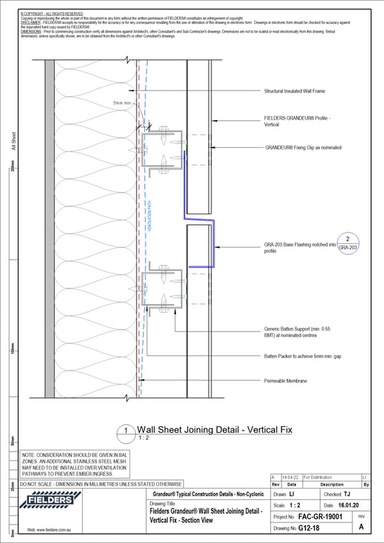 Navigate to G12-18 - Fielders Grandeur® Wall Sheet Joining Detail - Vertical Fix - Section View