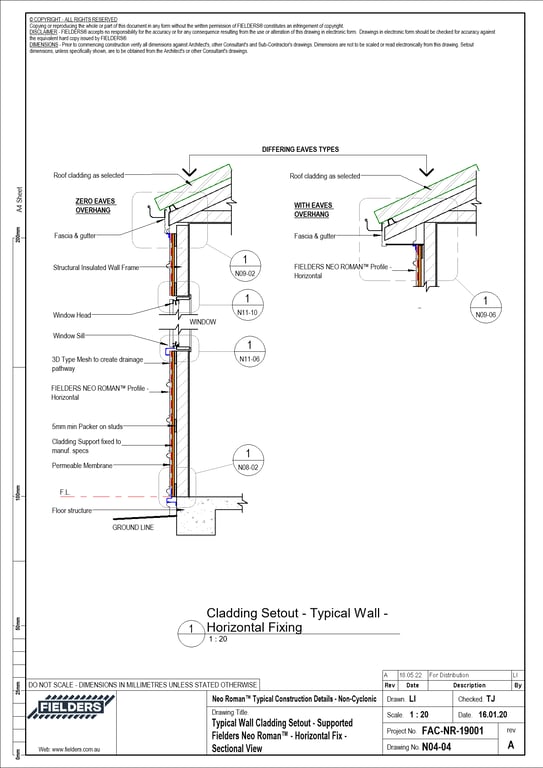 Navigate to N04-04 - Typical Wall Cladding Setout - Supported Fielders Neo Roman™ - Horizontal Fix - Sectional View