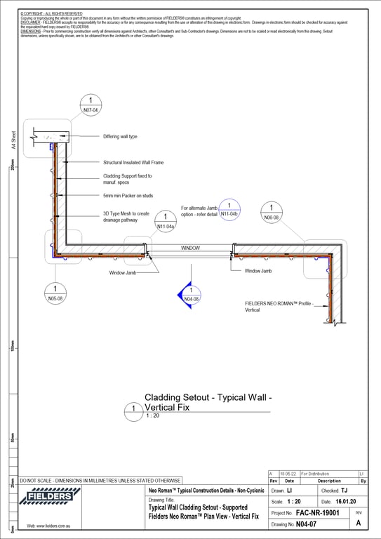 Navigate to N04-07 - Typical Wall Cladding Setout - Supported Fielders Neo Roman™ Plan View - Vertical Fix