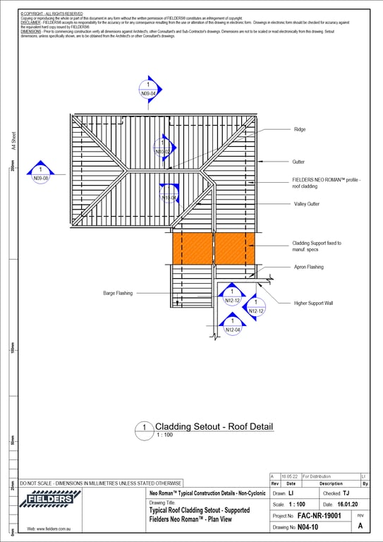 Navigate to N04-10 - Typical Roof Cladding Setout - Supported Fielders Neo Roman™ - Plan View