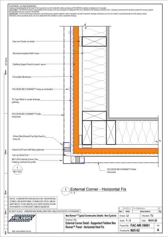 Navigate to N05-02 - External Corner Detail - Supported Fielders Neo Roman™ Panel - Horizontal Hard Fix