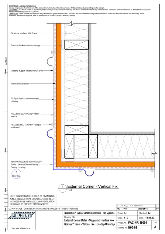 Navigate to N05-08 - External Corner Detail - Supported Fielders Neo Roman™ Panel - Vertical Fix -  Overlap Underlap