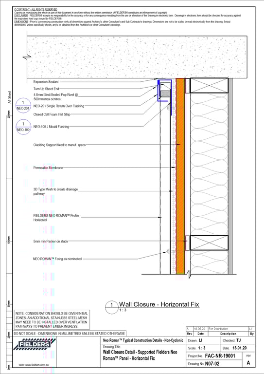 Navigate to N07-02 - Wall Closure Detail - Supported Fielders Neo Roman™ Panel - Horizontal Fix