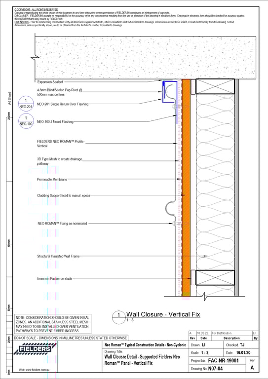 Navigate to N07-04 - Wall Clousre Detail - Supported Fielders Neo Roman™ Panel - Vertical Fix