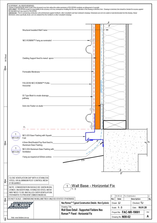 Navigate to N08-02 - Wall Base Detail - Supported Fielders Neo Roman™ Panel - Horizontal Fix