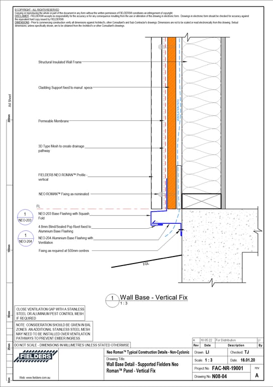 Navigate to N08-04 - Wall Base Detail - Supported Fielders Neo Roman™ Panel - Vertical Fix