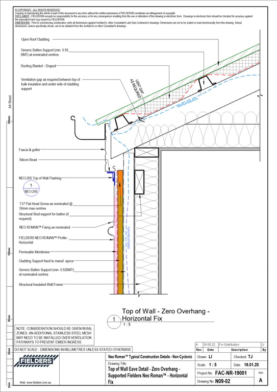 Navigate to N09-02 - Top of Wall Eave Detail - Zero Overhang - Supported Fielders Neo Roman™ - Horizontal Fix