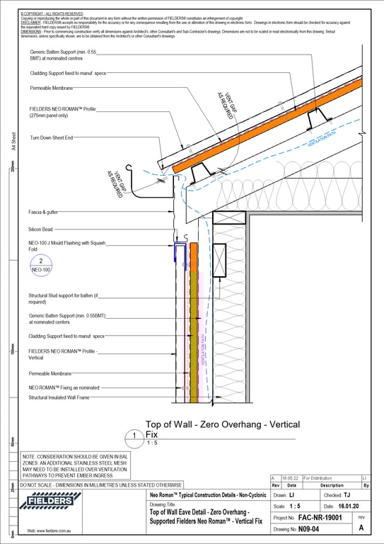 Navigate to N09-04 - Top of Wall Eave Detail - Zero Overhang - Supported Fielders Neo Roman™ - Vertical Fix