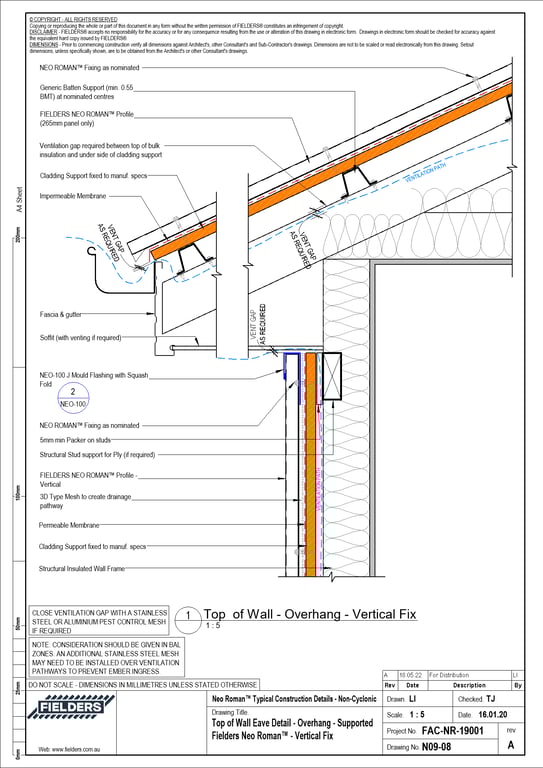 Navigate to N09-08 - Top of Wall Eave Detail - Overhang - Supported Fielders Neo Roman™ - Vertical Fix
