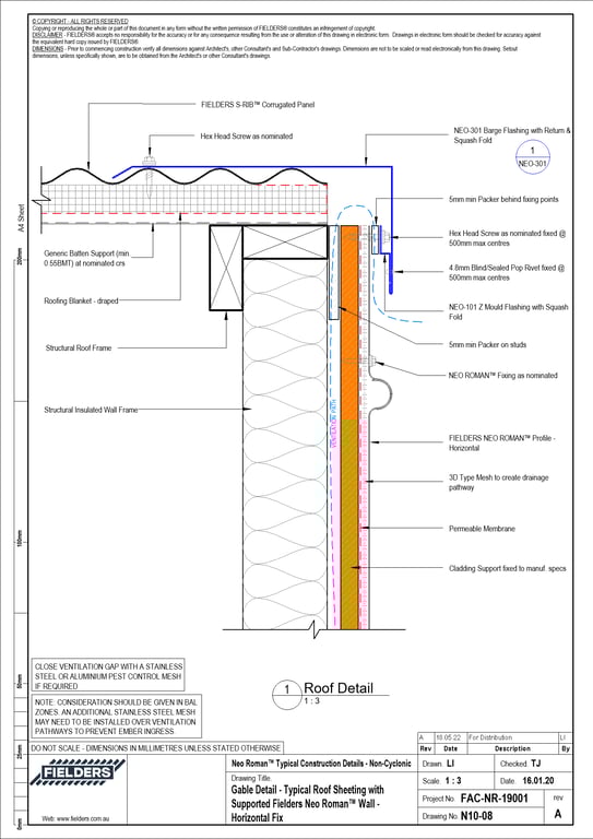 Navigate to N10-08 - Gable Detail - Typical Roof Sheeting with Supported Fielders Neo Roman™ Wall - Horizontal Fix