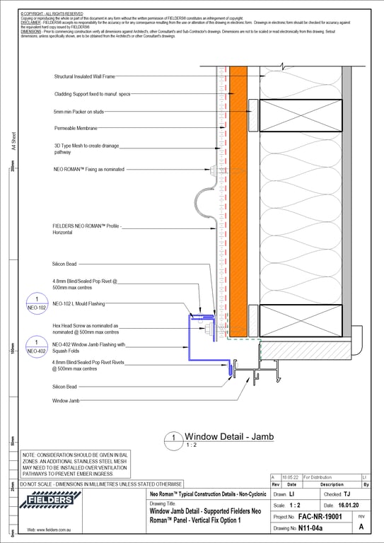 Navigate to N11-04a - Window Jamb Detail - Supported Fielders Neo Roman™ Panel - Vertical Fix Option 1