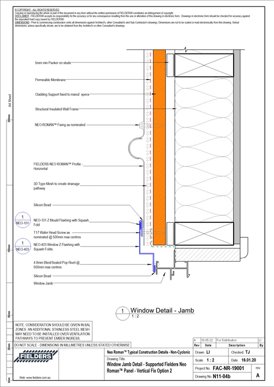 Navigate to N11-04b - Window Jamb Detail - Supported Fielders Neo Roman™ Panel - Vertical Fix Option 2