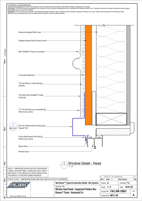 Navigate to N11-10 - Window Head Detail - Supported Fielders Neo Roman™ Panel - Horizontal Fix