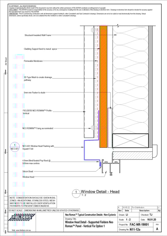 Navigate to N11-12a - Window Head Detail - Supported Fielders Neo Roman™ Panel - Vertical Fix Option 1