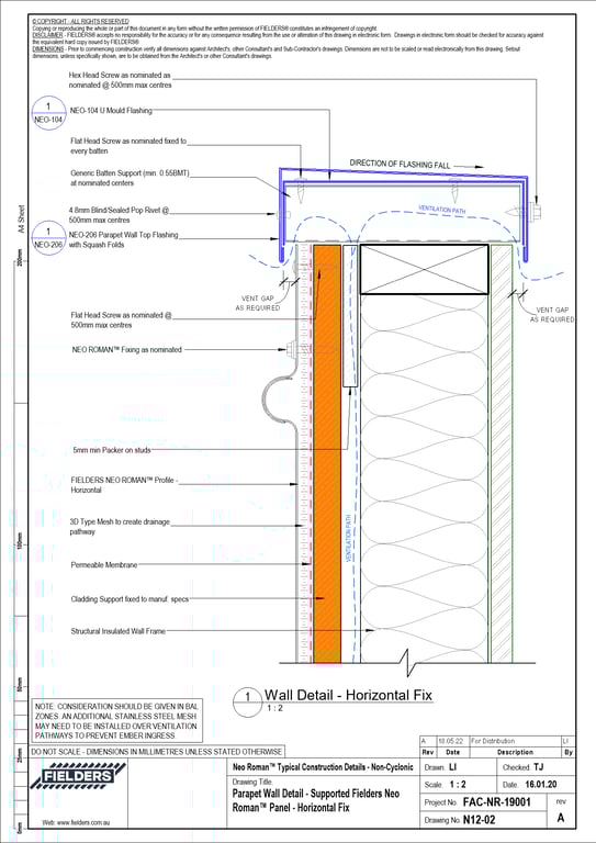 Navigate to N12-02 - Parapet Wall Detail - Supported Fielders Neo Roman™ Panel - Horizontal Fix