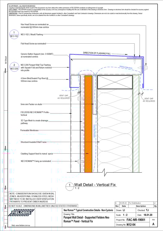 Navigate to N12-04 - Parapet Wall Detail - Supported Fielders Neo Roman™ Panel - Vertical Fix
