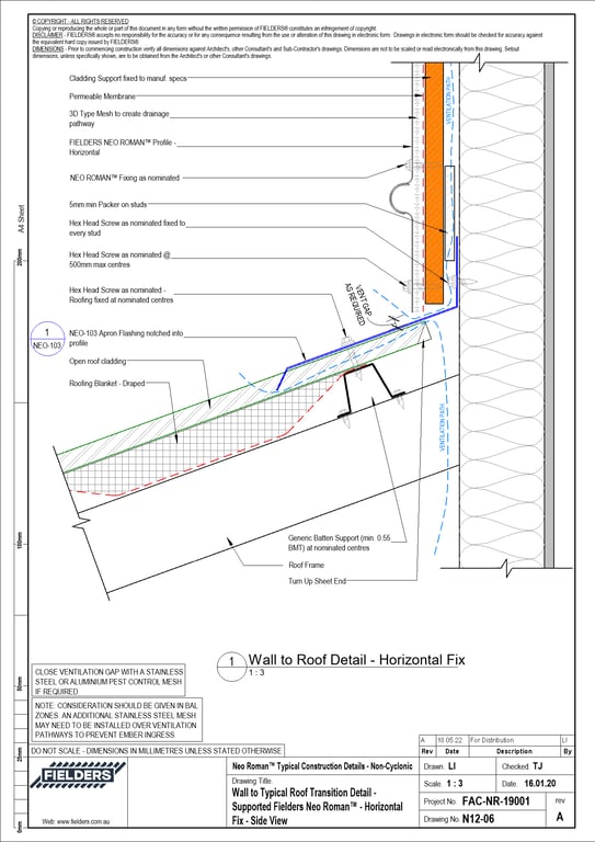 Navigate to N12-06 - Wall to Typical Roof Transition Detail - Supported Fielders Neo Roman™ - Horizontal Fix - Side View