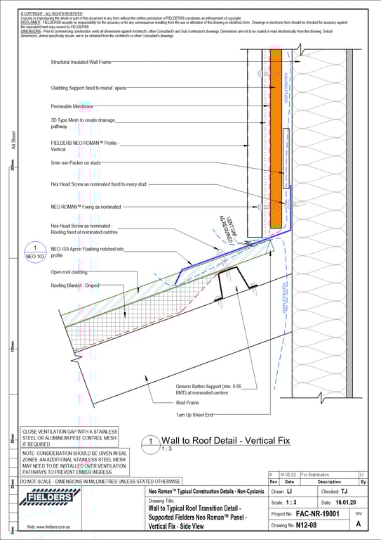 Navigate to N12-08 - Wall to Typical Roof Transition Detail - Supported Fielders Neo Roman™ Panel - Vertical Fix - Side View