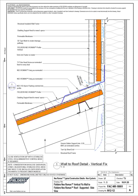 Navigate to N12-12 - Fielders Neo Roman™ Vertical Fix Wall to Fielders Neo Roman™ Roof - Supported - Side View