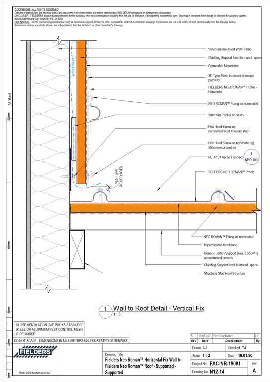 Navigate to N12-14 - Fielders Neo Roman™ Horizontal Fix Wall to Fielders Neo Roman™ Roof - Supported - Supported