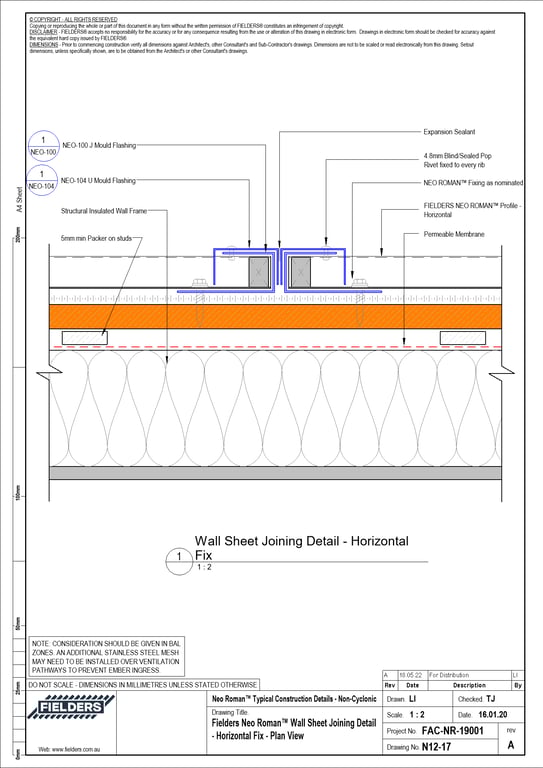 Navigate to N12-17 - Fielders Neo Roman™ Wall Sheet Joining Detail - Horizontal Fix - Plan View