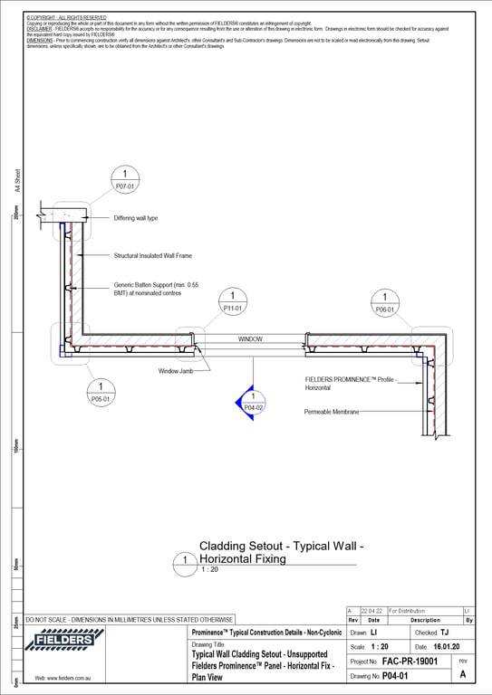Navigate to P04-01 - Typical Wall Cladding Setout - Unsupported Fielders Prominence™ Panel - Horizontal Fix - Plan View