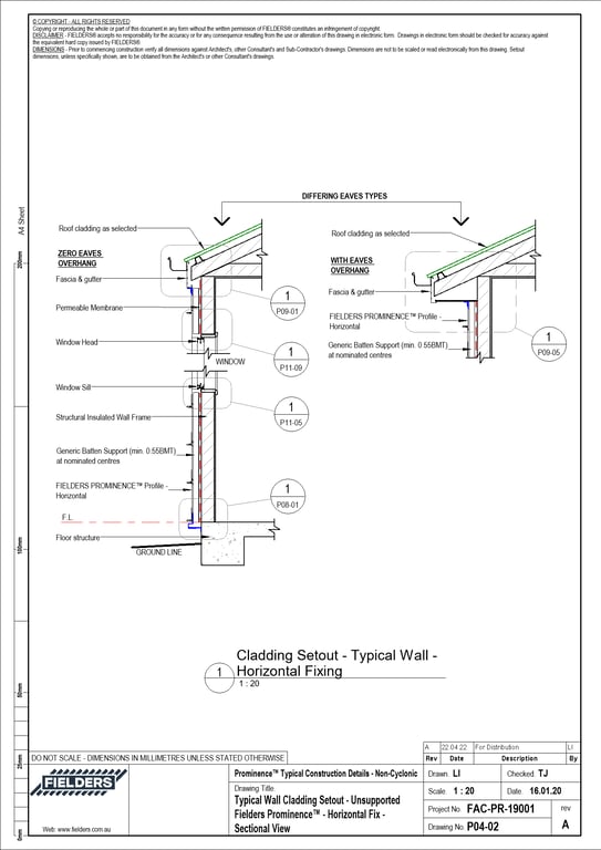 Navigate to P04-02 - Typical Wall Cladding Setout - Unsupported Fielders Prominence™ - Horizontal Fix - Sectional View