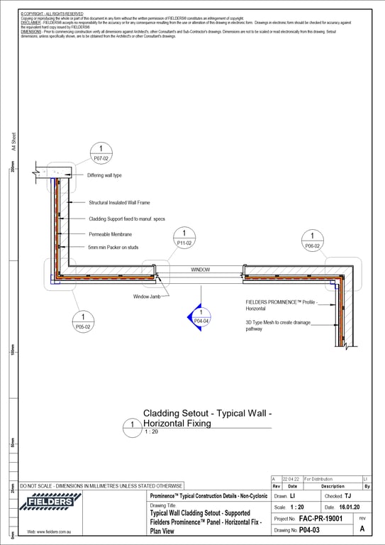  Image of P04-03 - Typical Wall Cladding Setout - Supported Fielders Prominence™ Panel - Horizontal Fix - Plan View