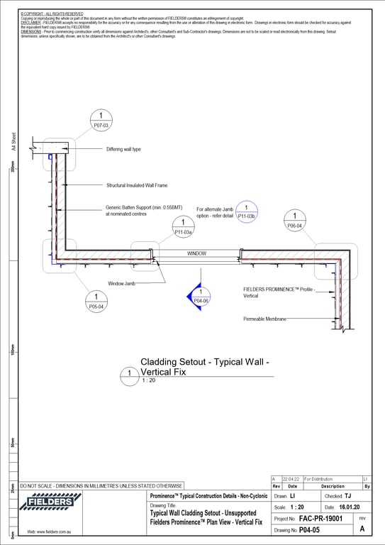 Navigate to P04-05 - Typical Wall Cladding Setout - Unsupported Fielders Prominence™ Plan View - Vertical Fix