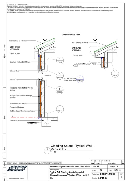 Navigate to P04-08 - Typical Wall Cladding Setout - Supported Fielders Prominence™ Sectional View - Vertical Fix