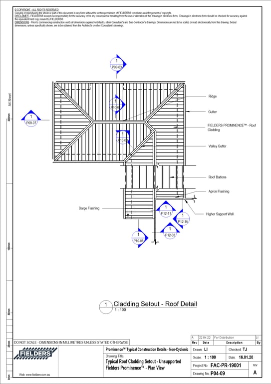 P04-09 - Typical Roof Cladding Setout - Unsupported Fielders Prominence™ - Plan View