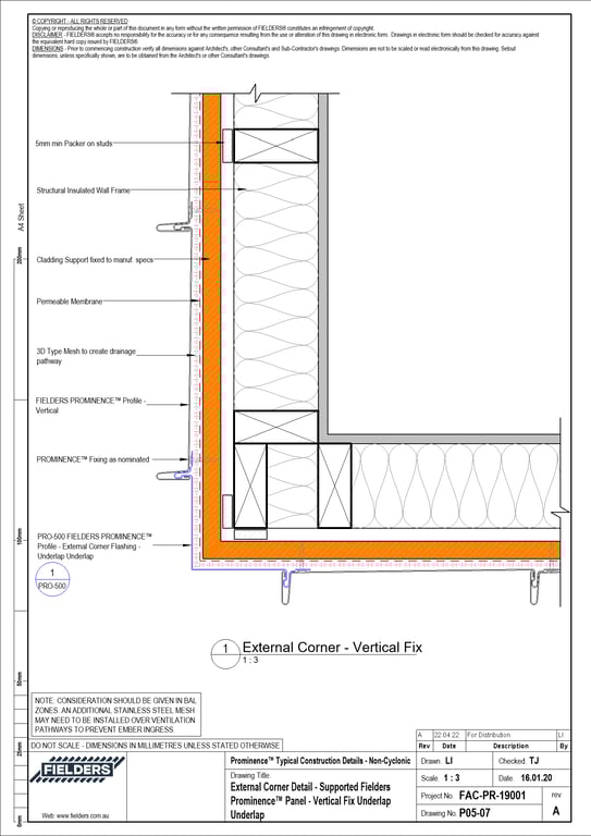 Navigate to P05-07 - External Corner Detail - Supported Fielders Prominence™ Panel - Vertical Fix Underlap Underlap