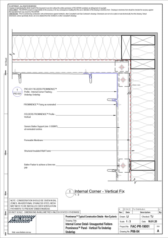 P06-04 - Internal Corner Detail- Unsupported Fielders Prominence™ Panel - Vertical Fix Underlap Underlap