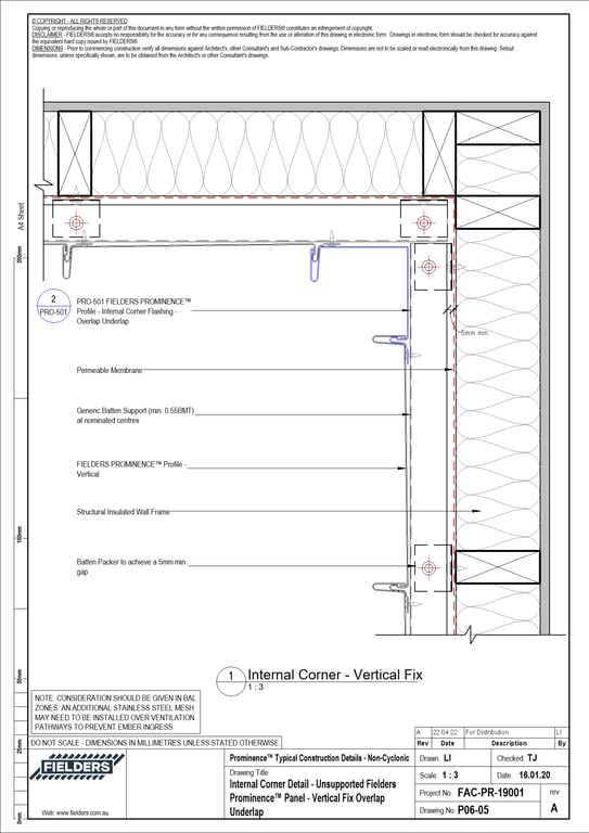 P06-05 - Internal Corner Detail - Unsupported Fielders Prominence™ Panel - Vertical Fix Overlap Underlap