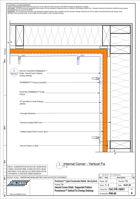 P06-08 - Internal Corner Detail - Supported Fielders Prominence™ Vertical Fix Overlap Underlap