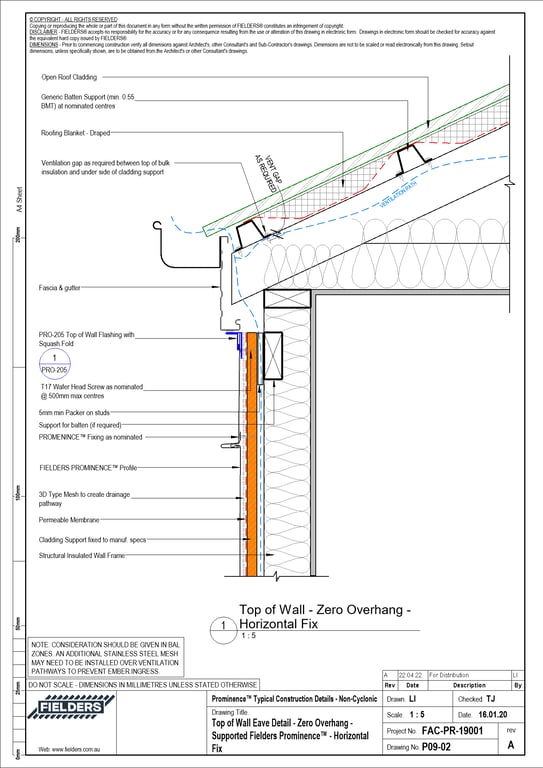 Image of P09-02 - Top of Wall Eave Detail - Zero Overhang - Supported Fielders Prominence™ - Horizontal Fix