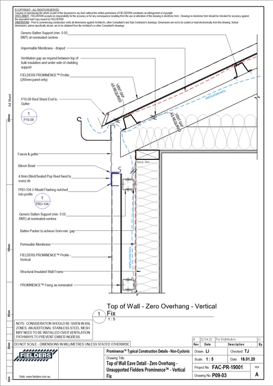 Navigate to P09-03 - Top of Wall Eave Detail - Zero Overhang - Unsupported Fielders Prominence™ - Vertical Fix