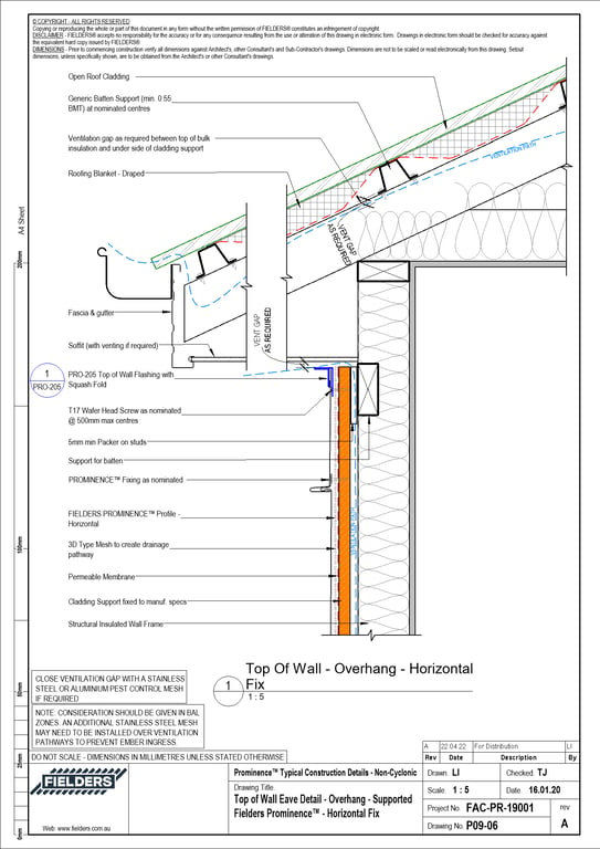 P09-06 - Top of Wall Eave Detail - Overhang - Supported Fielders Prominence™ - Horizontal Fix