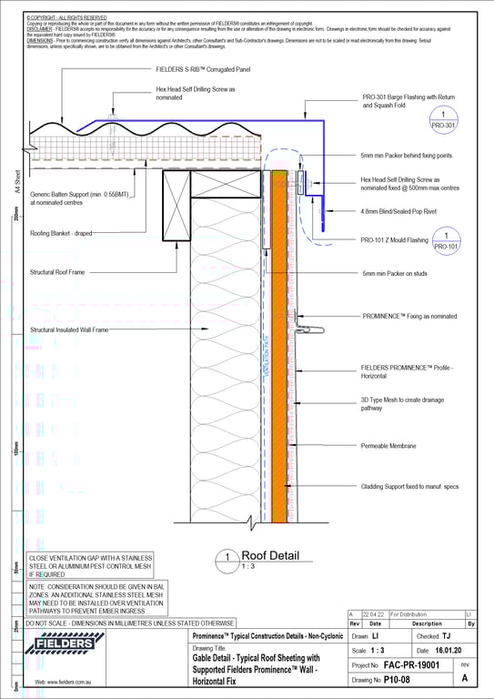 Navigate to P10-08 - Gable Detail - Typical Roof Sheeting with Supported Fielders Prominence™ Wall - Horizontal Fix