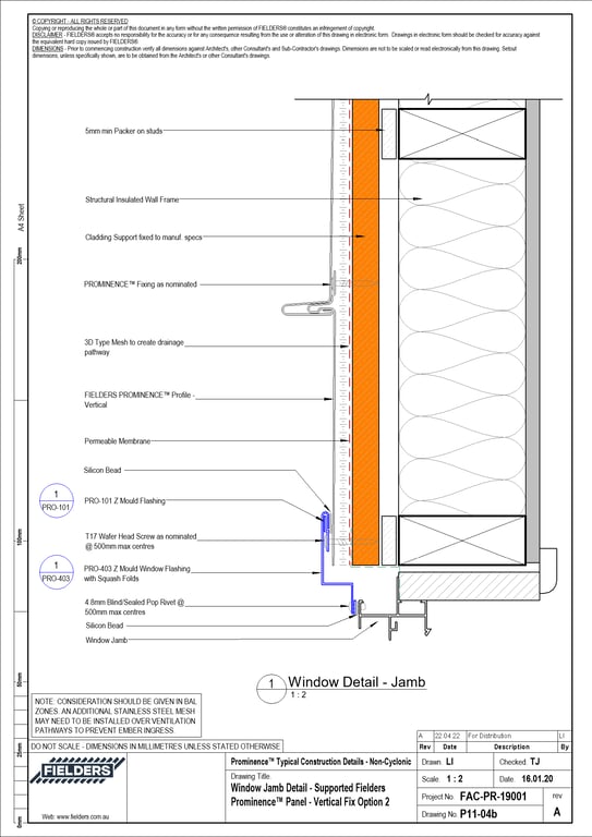 P11-04b - Window Jamb Detail - Supported Fielders Prominence™ Panel - Vertical Fix Option 2