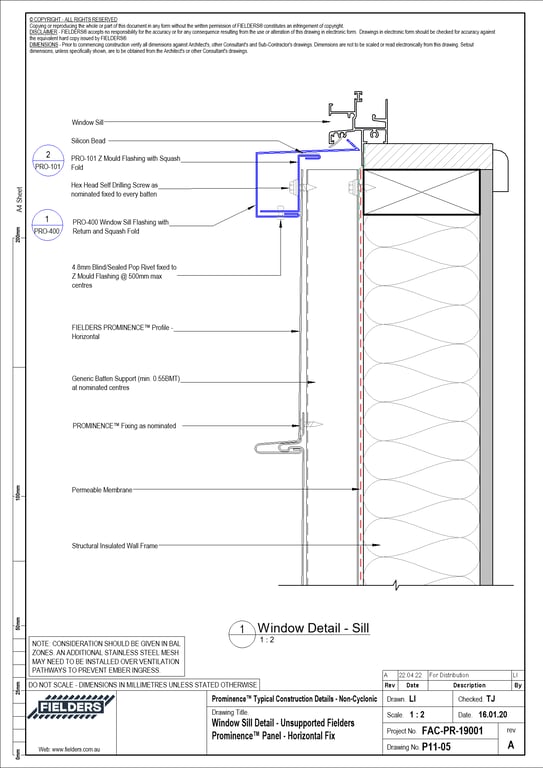 Navigate to P11-05 - Window Sill Detail - Unsupported Fielders Prominence™ Panel - Horizontal Fix