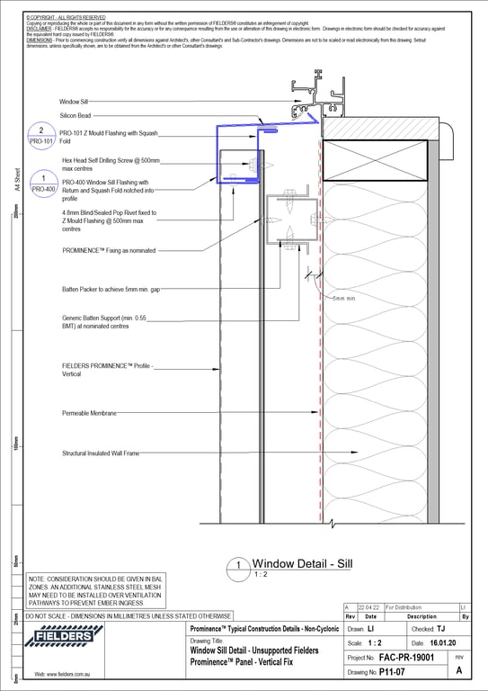 Navigate to P11-07 - Window Sill Detail - Unsupported Fielders Prominence™ Panel - Vertical Fix