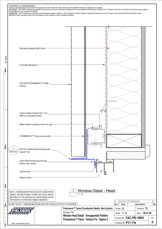 P11-11b - Window Head Detail - Unsupported Fielders Prominence™ Panel - Vertical Fix - Option 2