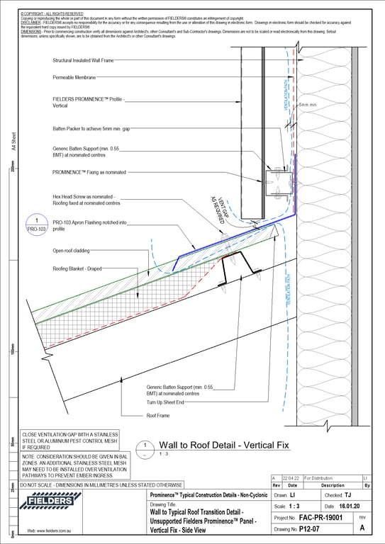 Navigate to P12-07 - Wall to Typical Roof Transition Detail - Unsupported Fielders Prominence™ Panel - Vertical Fix - Side View